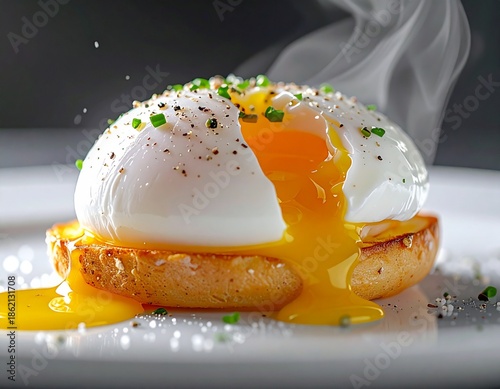 Close-up of a freshly made poached egg, natural imperfections visible on the egg white, subtle steam and condensation, cinematic food photography