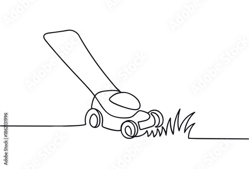 Minimalist Line Drawing of Lawn Mower Cutting Grass – Outdoor Maintenance Concept