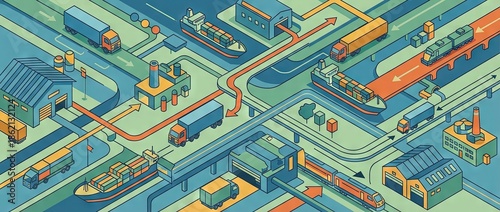 Supply chain concept - 2d animation style with simplistic logistics showing packages from warehouse through distribution