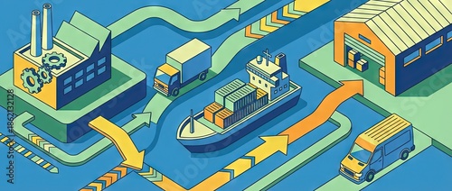 Supply chain concept - 2d animation style with simplistic logistics showing packages from warehouse through distribution