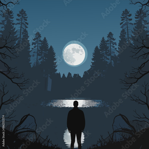 Night forest silhouette under moonlight with stars and snow