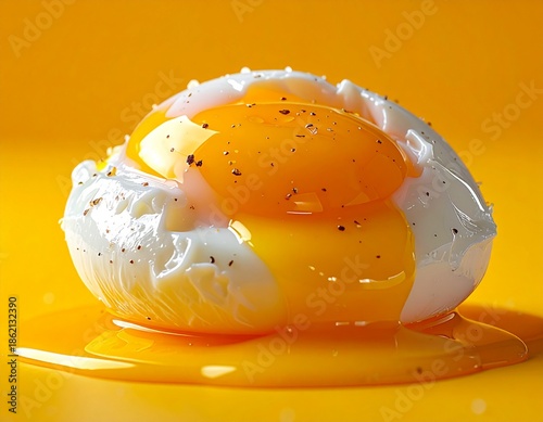 Artistic close-up of a poached egg styled as modern culinary art, smooth glossy yolk, refined egg white texture, cinematic studio lighting, clean bright background, minimalist advertising composition