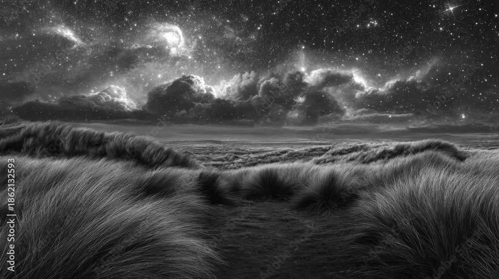 Obraz premium Vast open prairie under a sky teeming with nebulae and stars