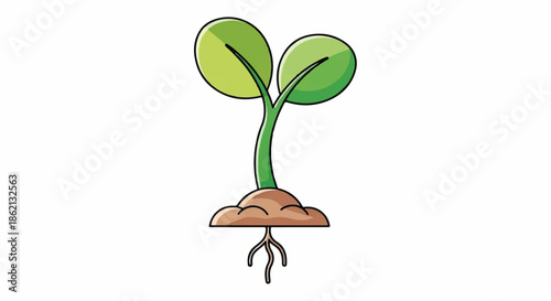 Young seedling sprout emerging from soil with green leaves, stem, and visible roots in early growth stage.