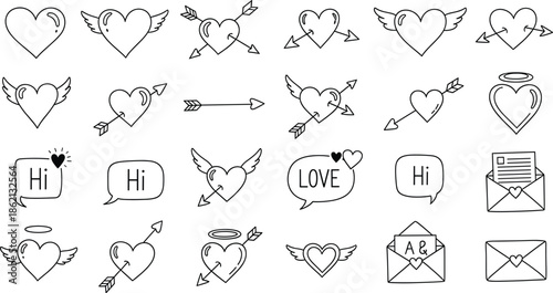 Hand Drawn Heart Icons With Wings Arrows And Envelopes love romance