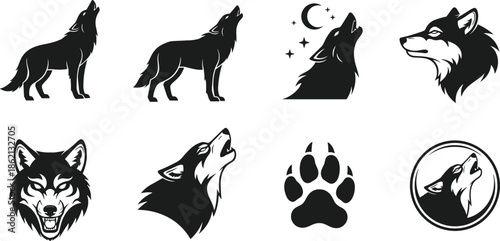Wolf silhouette icon set, howling wolf heads, paw print symbols, wildlife animal logo collection vector illustration isolated white background designWolf 