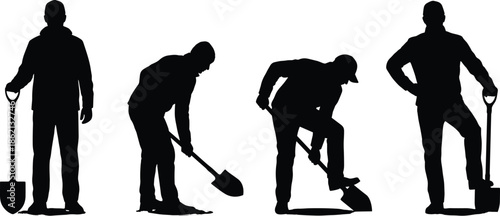 Construction worker silhouettes digging with shovel showing manual labor, hard work, strength, industry, outdoor job, workforce, professional activity, minimal illustration concept