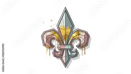 Geometric fleur-de-lis illustration with gold ink splatter design  