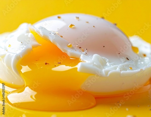 Artistic close-up of a poached egg styled as modern culinary art, smooth glossy yolk, refined egg white texture, cinematic studio lighting, clean bright background, minimalist advertising composition