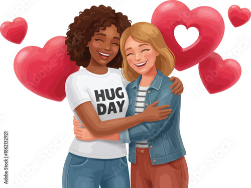 Two women share a heartfelt embrace amidst a backdrop of loving hearts