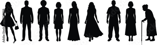 People silhouettes of different ages and genders standing together, diversity, generations, modern lifestyle, social roles, community, inclusion, everyday life illustration concept