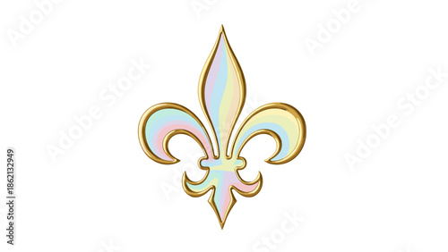 Floral design of colorful fleur-de-lis symbol with gold outline  