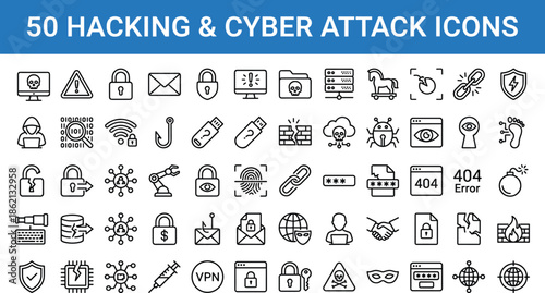 Cyber security hacking and cyber attack icon set featuring malware phishing firewall data protection network threat symbols outline design collection
