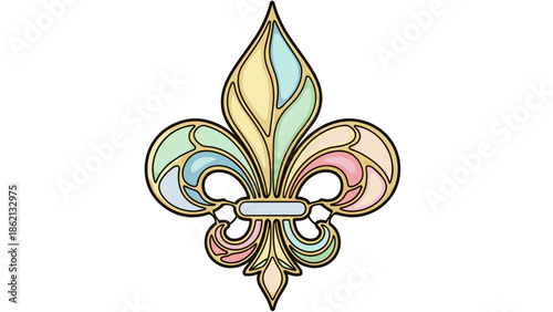 Stained glass fleur-de-lis design in pastel colors with gold outline  