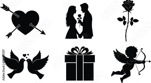 Valentine silhouettes, love icons, romantic couple, cupid, rose, birds, heart arrows, gift box, black vector art, affection symbols