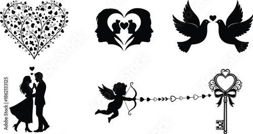 Valentine silhouettes, love icons, romantic couple, cupid, rose, doves, heart key, balloons, cursive love text, black vector art
