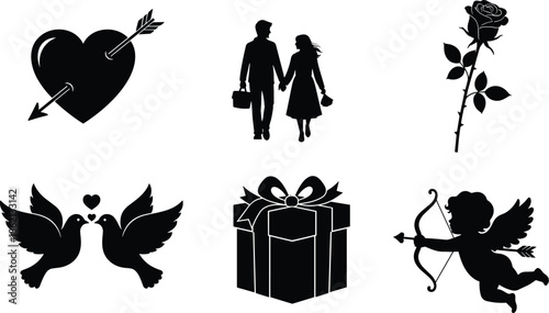 Valentine silhouettes, love icons, romantic couple, cupid, rose, doves, heart arrow, gift box, black vector art, affection symbols