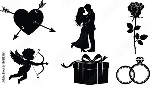 Valentine silhouettes, love icons, romantic couple, cupid, rose, birds, heart arrows, gift box, wedding rings, envelope, black vector art
