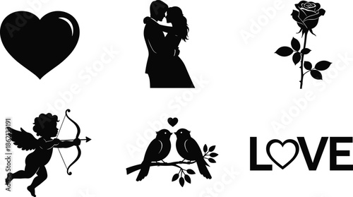 Valentine silhouettes, love icons, romantic couple, cupid, rose, birds, heart symbol, LOVE text, gift box, black vector illustration