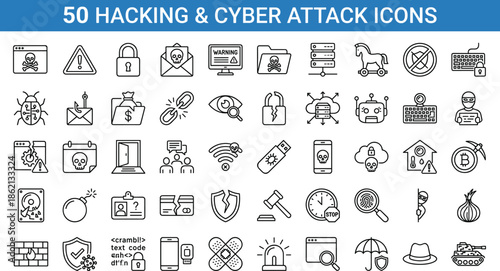 Hacking and cyber attack icon set featuring malware phishing data breaches security warnings network threats and digital crime outline symbols