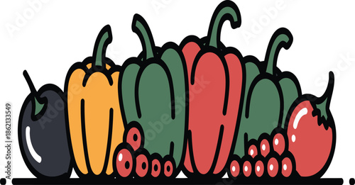 A colorful illustration of various peppers and tomatoes on a white background