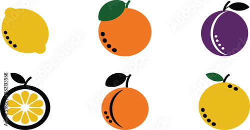 A colorful illustration of various citrus fruits on a white background