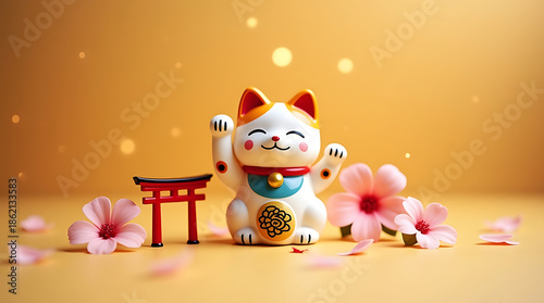 Lucky cat figurine with cherry blossoms