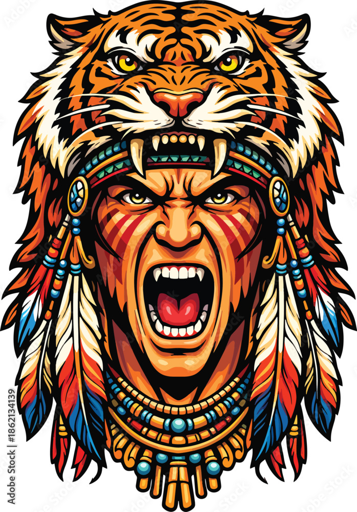 Obraz premium Fierce Tribal Warrior Wearing Tiger Headdress Vector Illustration