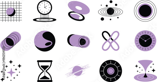 A collection of modern abstract shapes and symbols in black and purple hues on a white background