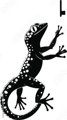 A gecko as a home safety inspector pointing upward, wall-climbing pose simplified, flat vector illustration, minimal detail, solid colors only, bold black outline, no gradient, no shadow, white backgr
