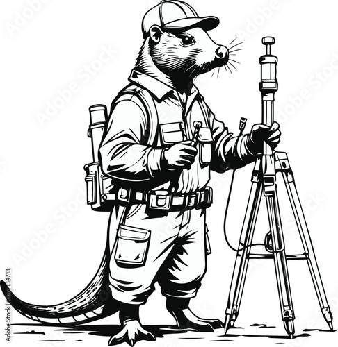 A platypus as a science field surveyor holding measurement tools, side pose, flat vector illustration, clean shape separation, limited colors, bold black outline, no gradient, no shadow, sticker style