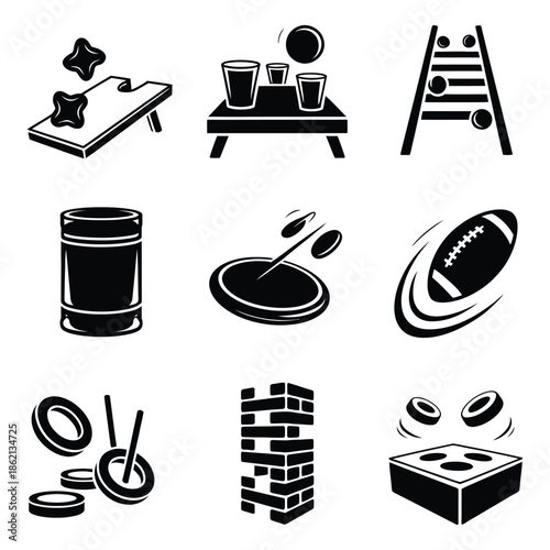 Collection of Leisure Games and Activities Vector Icons Featuring Traditional Games and Outdoor Activities for Fun and Entertainment