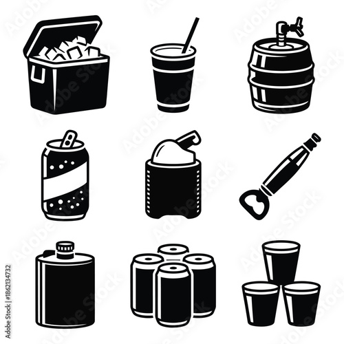 Collection of Black Silhouette of Drinks and Beverages Vector Icons Isolated on Transparent Background In Celebration of Summer Season and Parties
