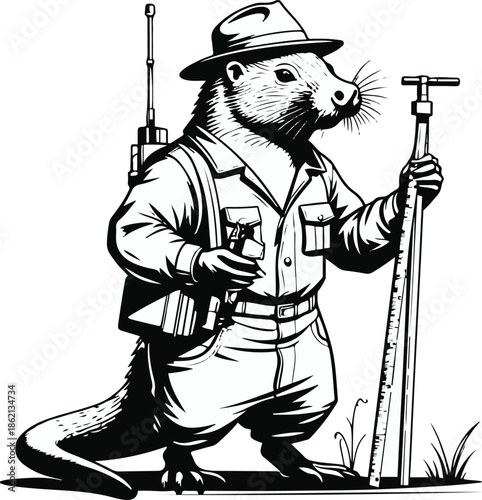 A platypus as a science field surveyor holding measurement tools, side pose, flat vector illustration, clean shape separation, limited colors, bold black outline, no gradient, no shadow, sticker style