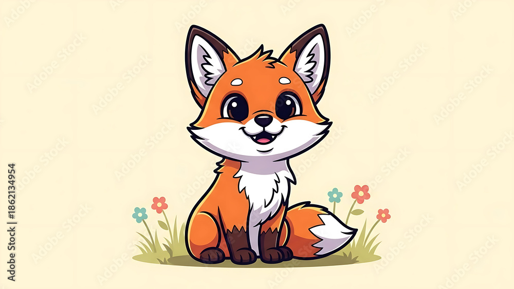 Obraz premium Cute cartoon fox sitting in a field of flowers