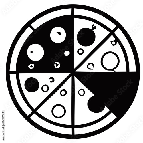 A black and white illustration of a pizza divided into six slices with various toppings