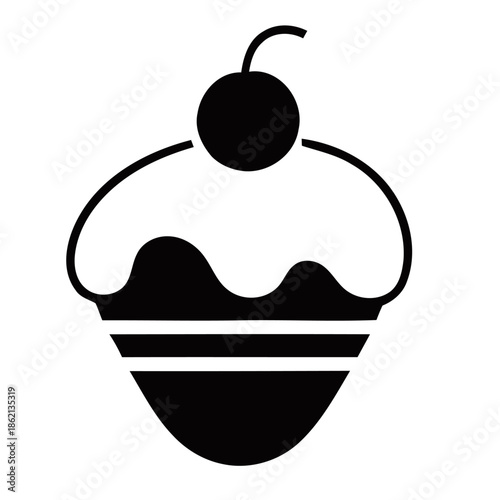 A simple black and white illustration of a cupcake with a cherry on top