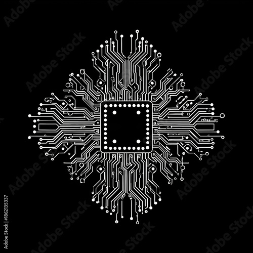 Abstract black and white graphic cutout featuring complex digital circuitry lines and dots, isolated on a pure black background, representing technology and data.