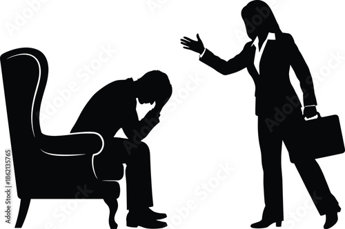 Business conflict silhouettes showing stressed employee and authoritative manager isolated on white background representing workplace pressure leadership stress and corporate problem concept