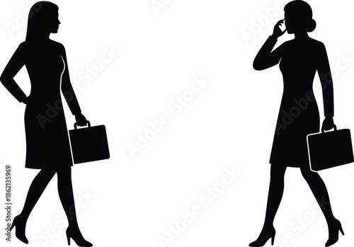 Businesswoman silhouettes with briefcases walking and talking on phone, professional female career concept isolated on white background vector illustration