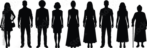 Diverse group of people silhouettes standing together representing generations, gender diversity, modern society, community, inclusion, lifestyle, anonymity, minimal illustration concept