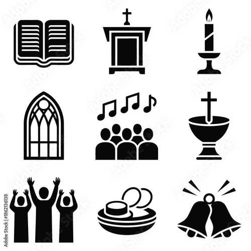 Set of catholic church decorative design elements with book pulpit candle arched window singing people baptismal font bride and groom bells vector illustration