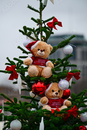 Christmas tree with festive decoration and teddy bears 