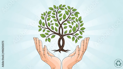 Hands holding a tree with green leaves 