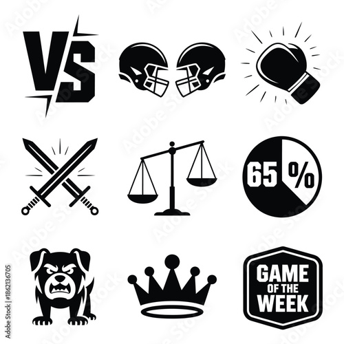 Versus Icon Including Football Helmets, Boxing Glove, Swords, Balance Scale, Percentage Sign, Bulldog, Royal Crown, And Game The Week