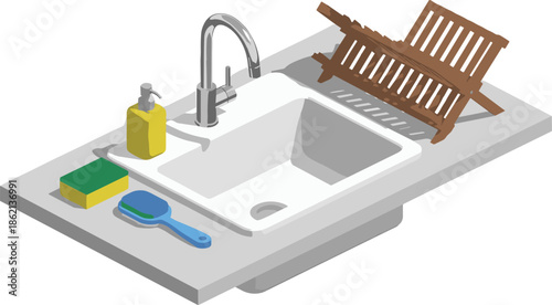 Kitchen sink setup with faucet soap sponge brush and dish rack isolated on white background modern household vector illustration