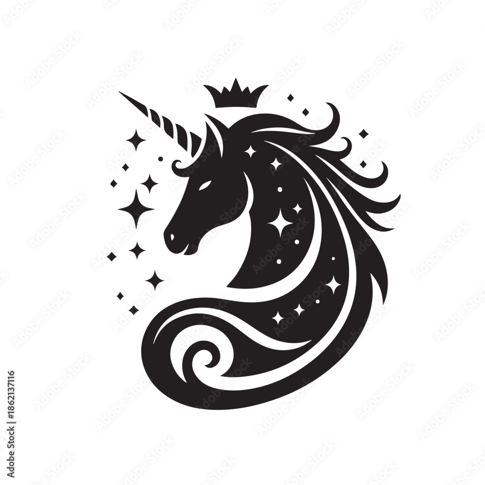 Fototapeta premium Unicorn silhouette logo with stars and magical design