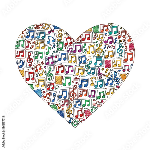 Mosaic heart made of colorful musical note tiles  