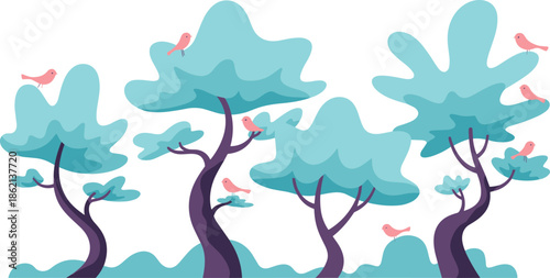 Pink birds perched on blue tree branches blue trees