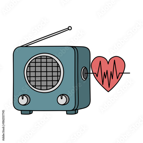 Vintage radio with heart-shaped sound wave illustration  